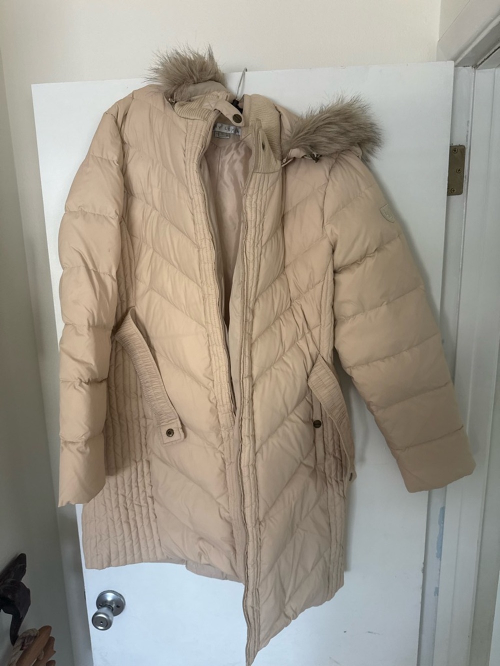 Larry Levine Light Beige Quilted Faux-Fur Hooded Puffer Coat
